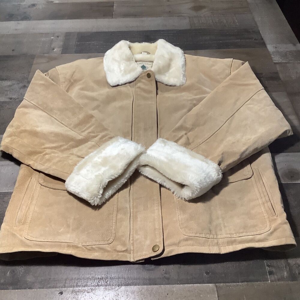 Northwest Territory Women's VTG Suede Leather Jacket Size Med Faux Fur Trim Tan